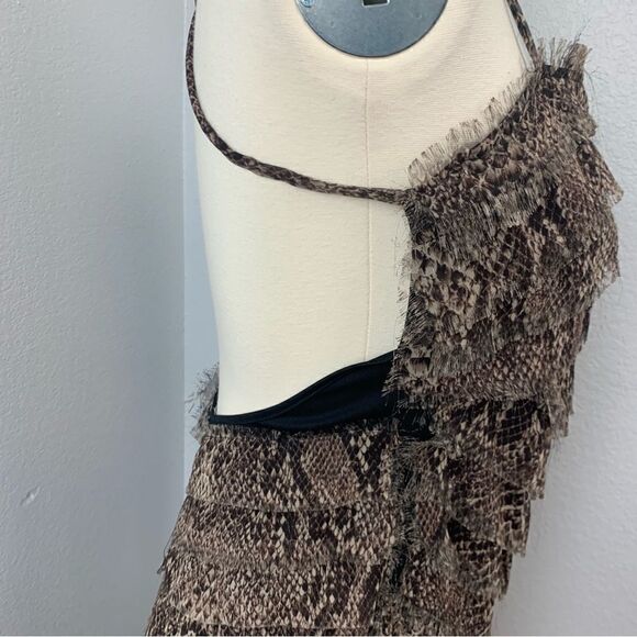 Celo Brown Flowy Raw Edge Snakeskin Print Ribbon Strip Dress M - Picture 6 of 14